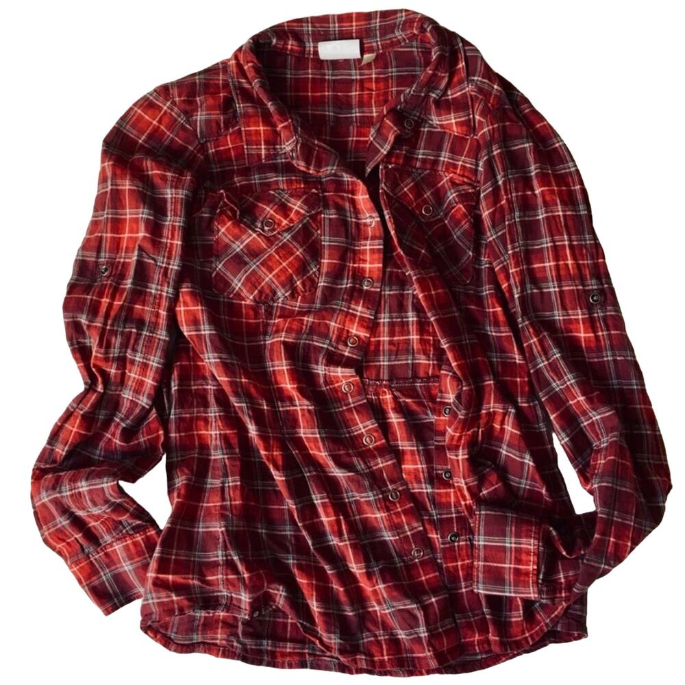 Athleta Tioga Cherrywood Red White Pleated Plaid Snap Front Top Blouse Shirt S